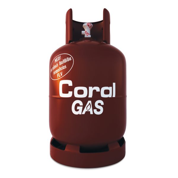Η μπορντό φιάλη της Coral Gas, για οικιακή χρήση, με ειδική βαλβίδα ασφαλείας FLV.