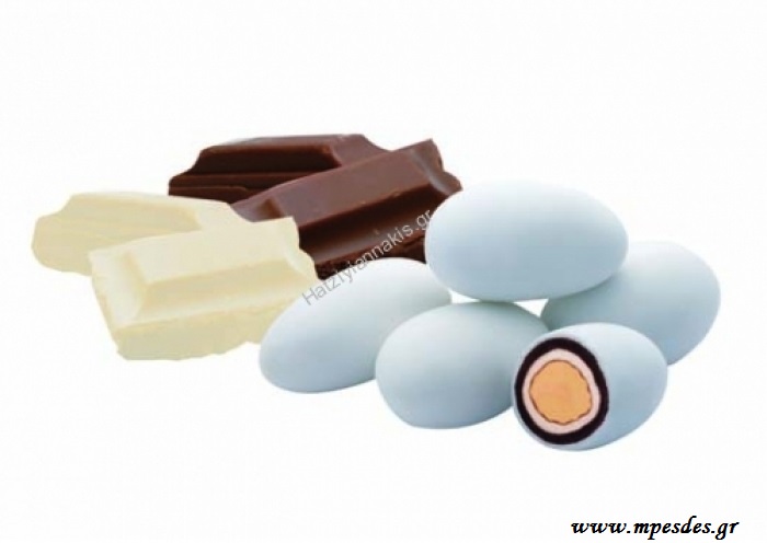  Κουφέτο choco almond με διπλή σοκολάτα της εταιρείας  Χατζηγιαννάκη  ολόκληρο καβουρδισμένο αμύγδαλο, σοκολάτα (55% κακάο) & λευκή σοκολάτα με λεπτή επικάλυψη ζάχαρης Λευκό  (τεμάχια/κιλό: 200-220), σιέλ (τεμάχια/κιλό: 180-200)