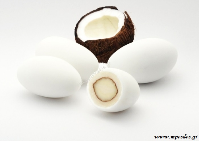 Choco almond καρύδα της εταιρείας Χατζηγιαννάκη με ολόκληρο καβουρδισμένο αμύγδαλο & λευκή σοκολάτα με λεπτή επικάλυψη ζάχαρης, γεύση καρύδα.	 Τεμάχια/κιλό: 200-220