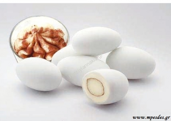 Choco almond tiramisu της εταιρείας Χατζηγιαννάκη με ολόκληρο καβουρδισμένο αμύγδαλο & λευκή σοκολάτα με λεπτή επικάλυψη ζάχαρης, γεύση tiramisu. Τεμάχια/κιλό: 200-220