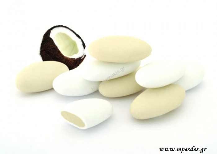 Bijoux σοκολάτα καρύδα της εταιρείας Χατζηγιαννάκη με γέμιση λευκής σοκολάτας, επικάλυψη ζάχαρης και γεύση καρύδα. Χρωματισμοί: λευκό ματ Τεμάχια/κιλό: 250-270